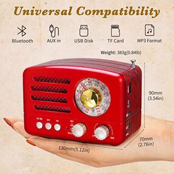 PRUNUS J-160 Small Retro Vintage Radio with Bluetooth, Portable Transistor Radio AM FM, Rechargeable Battery Operated, Support TF Card AUX USB MP3 Player (Red)