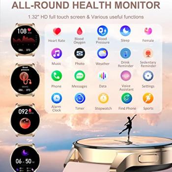 Iaret Smart Watch for Women (Answer/Make Call), Fitness Tracker for Android and iOS Phones Waterproof Smartwatch with 1.32" HD Full Touch Screen AI Voice Control Heart Rate Sleep Monitor Pedometer