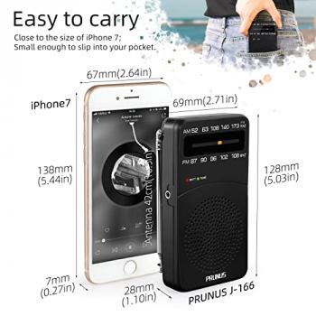 PRUNUS J-166 Portable Radio AM FM, Battery Operated Radio with Tuning Light, Back Clip, Excellent Reception, AM FM Radio Portable, Transistor Radio