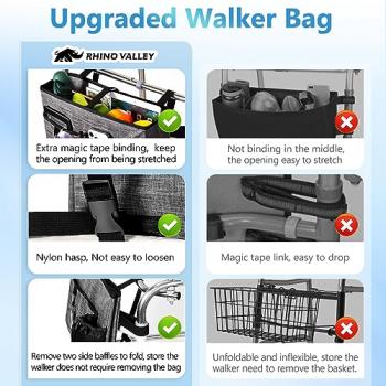 Rhino Valley Walker Bag, Multi Pockets Folding Walker Basket Tote Bag with Cup Holder, Hand-Free Carry Pouch Storage Bag for Universal Walkers, Large Capacity Organizer for Seniors Elderly, Gray