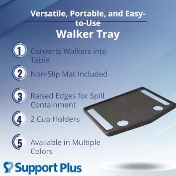 Support Plus Walker Tray Table - Mobility Table Tray for Walker, Non Slip Walker Tray Mat, Walker Accessories Mat, Cup Holder for Walker (21"x16") - Gray