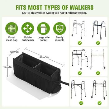 Upgrade Walker Basket with Cup Holder, Foldable Walker Storage Bag for Seniors with Big Capacity & Never Tipping Over, Best Gift for Family