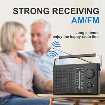 LEOTEC Portable AM FM Radio with Best Reception,Battery Operated or AC Power,Big Speaker,Large Tuning Knob,Clear Dial,Earphone Jack for Gift,Elder,Home Black