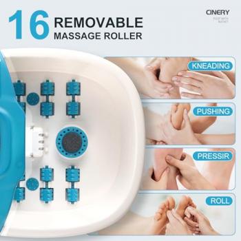 CINERY Foot Spa Bath Massager with Heat, Bubbles, Vibration and Pedicure Foot Spa with 16 Rollers for Feet Stress Relief, Foot Soaker with Mini Acupressure Massage Points & Temperature Control