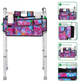 supregear Walker Bag, Folding Walker Basket Organizer Pouch Tote with Multiple Pockets and Zippered Compartment for Walker Rollator Scooters Wheelchair, Hook & Loop Design Storage Bag (Purple Floral)