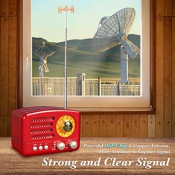 PRUNUS J-160 Small Retro Vintage Radio with Bluetooth, Portable Transistor Radio AM FM, Rechargeable Battery Operated, Support TF Card AUX USB MP3 Player (Red)