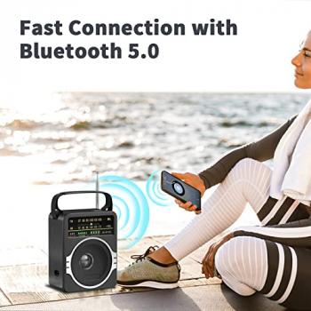 JEUJUG Portable AM FM Radio, Bluetooth 5.0 Radio 5 Watts Loud Speaker,FM Radio Built-in Rechargeable Battery/DC D*4 Cell Battery Operated & AC Power Plug in Wall Radio Black