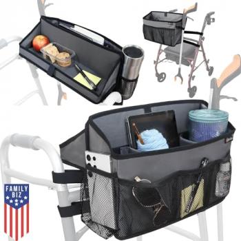 Walker Basket for Folding Walker +Flip-Down Walker Tray +Reacher/ Cane Holder Strap + Cup Holder | Basket for Walker Bags for Folding Walker with Wheels, Walker Accessories for Walker Rollator - GRAY