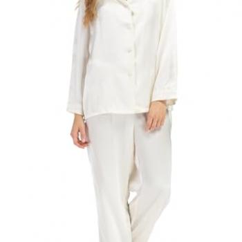 Fishers Finery Women's 100% Pure Mulberry Silk Long Pajama Set with Gift Box - Button Down Pj Top (White, L)