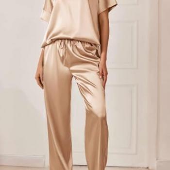 Ekouaer Satin Pajama Set Womens Silk Short Sleeve V Neck Shirt with Long Pant Soft Loungewear Pjs Set Khaki