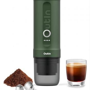 Outin Nano Portable Electric Espresso Machine, Travel Coffee Maker for Camping, Car Coffee Maker Self-Heating with USB-C, With Ground Coffee & NS Capsule for RV, Hiking, Office