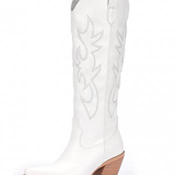 Pasuot White Cowboy Boots for Women - Wide Calf Cowgirl Knee High Western with Side Zip and Embroidered, Pointed Toe Chunky Heel Retro Classic Tall Boot Pull On for Ladies Fall Winter Size 8