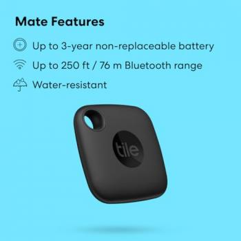 Tile Mate 1-Pack. Black. Bluetooth Tracker, Keys Finder and Item Locator for Keys, Bags and More; Up to 250 ft. Range. Water-Resistant. Phone Finder. iOS and Android Compatible.