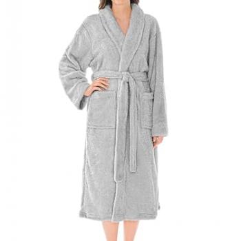 PAVILIA Premium Womens Plush Soft Robe Fluffy, Warm, Fleece Sherpa Shaggy Bathrobe (S/M, Light Gray)