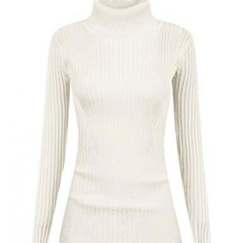 v28 Women Stretchable Turtleneck Knit Long Sleeve Slim Fit Sweater (S,White)