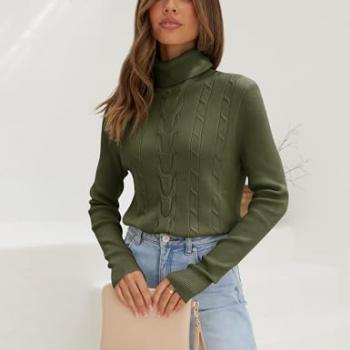 LEANI Womens 2024 Turtleneck Sweaters Cable Knit Long Sleeve Pullover Sweater Jumper ArmyGreen Medium