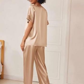 Ekouaer Satin Pajama Set Womens Silk Short Sleeve V Neck Shirt with Long Pant Soft Loungewear Pjs Set Khaki