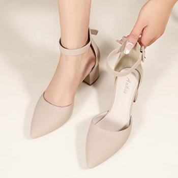 Ankis Closed Toe Heels for Women -Nude Pointed Toe Heels Low Block Chunky Women Pumps with Ankle Strap -2.25 Inch