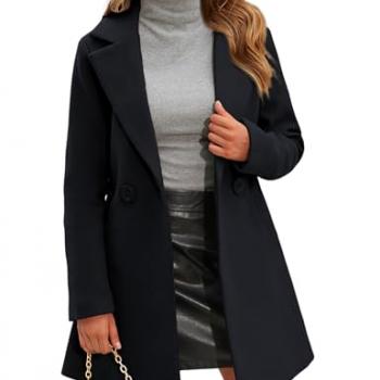 Springrain Women's Wool Pea Coat Notched Collar Double Breasted Midi Long Trench Coat Outwear (Black, M)