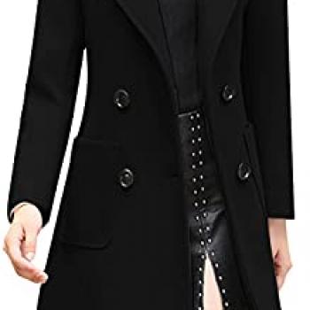 chouyatou Women Elegant Notched Collar Double Breasted Wool Blend Over Coat (Large, Black)