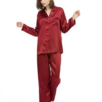 LilySilk Silk Pajamas for Women Button Up Pajamas Set for Ladies Girls Soft Maternity Pajamas Birthday Bridal Party Gift for Christmas Anniversary Valentine's day, Claret L