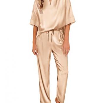 Ekouaer Satin Pajama Set Womens Silk Short Sleeve V Neck Shirt with Long Pant Soft Loungewear Pjs Set Khaki