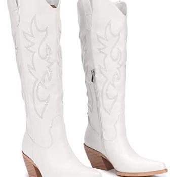 Pasuot White Cowboy Boots for Women - Wide Calf Cowgirl Knee High Western with Side Zip and Embroidered, Pointed Toe Chunky Heel Retro Classic Tall Boot Pull On for Ladies Fall Winter Size 8