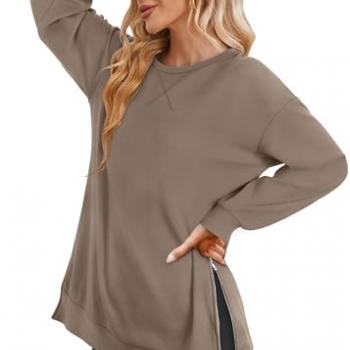 WIHOLL Womens Sweatshirt Lightweight Oversized Crewneck Pullover Long Sleeve Tops Soft Sweatshirts Loose Fit Fall Fashion 2024 Y2K Casual Side Slit Shirts Coffee 2XL