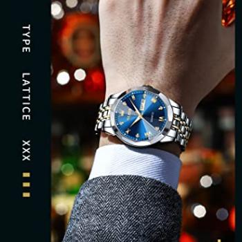 OLEVS Watch for Men Diamond Business Dress Analog Quartz Stainless Steel Waterproof Luminous Date Two Tone Luxury Casual Wrist Watch Blue