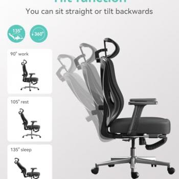 Hbada Ergonomic Office Chair, Desk Chair with Adjustable Lumbar Support and Height, Comfortable Mesh Computer Chair with Footrest 2D Headrest, Swivel Tilt Function Black