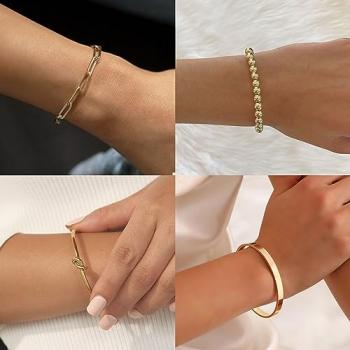 Reoxvo Gold Charm Bangle Bracelets for Women Stack Non Tarnish 14k Gold Plated Brass Cuff Bracelet Set Jewelry Accessories for Women Trendy