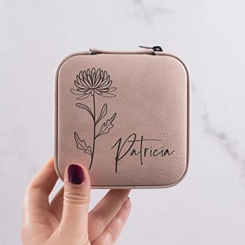 Custom Leather Customized Jewelry Organizer Box w/Name & Birth Flower Month - Birthday Gifts for Women, Mom Personalized Jewelry Travel Case - Beige