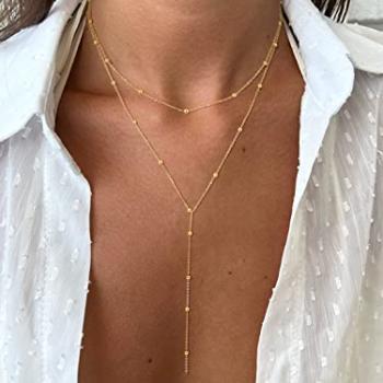 Foxgirl Dainty Long Gold Necklaces for Women, Trendy Lariat Y Necklace 14k Gold Plated Layered Beaded Drop Necklaces Simple Handmade Bar CZ Pendant Y-Shaped Chain Jewelry Gift Wedding