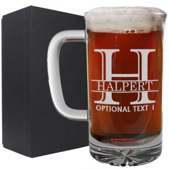 Personalized Laser Etched Glass Beer Mug for Gifting (16oz) – Customizable Monogram and Text Beer Mugs with Handles - Modern, Tankard Style Mugs for Beer - Novelty Beer Gifts for Men Halpert