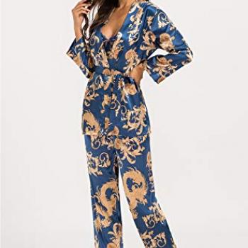 Escalier Women's Silk Satin Pajamas Set 3 Pcs Floral Silky Pj Sets Sleepwear Cami Nightwear with Robe and Pants Navy XL