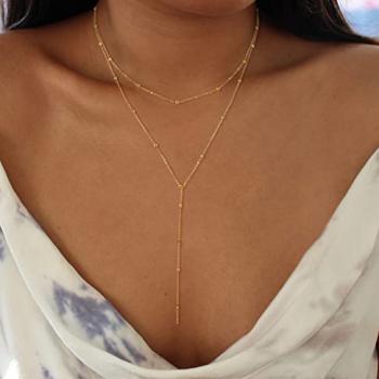 Foxgirl Dainty Long Gold Necklaces for Women, Trendy Lariat Y Necklace 14k Gold Plated Layered Beaded Drop Necklaces Simple Handmade Bar CZ Pendant Y-Shaped Chain Jewelry Gift Wedding