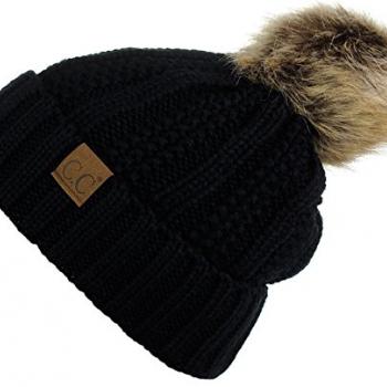 C.C Thick Cable Knit Faux Fuzzy Fur Pom Fleece Lined Skull Cap Cuff Beanie, Black