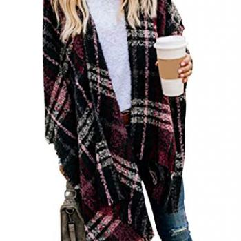 VIMPUNEC Women Boho Buffalo Plaid Poncho Pashmina Shawl Wrap Cape Sweater Knitting Cardigan with Tassel