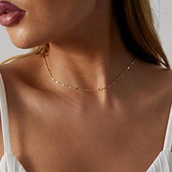 BERISO 14K Gold/Silver Plated Choker Necklace for Women Shining Dots Station Gold Chain Necklace Beads Sparkle Chain Necklace Link Chain Exquisite Jewelry for women