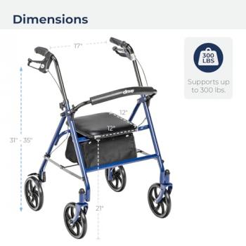 Drive Medical 10257BL-1 4 Wheel Rollator Walker With Seat, Steel Rolling Walker, Height Adjustable, 7.5" Wheels, Removable Back Support, 300 Pound Weight Capacity, Blue