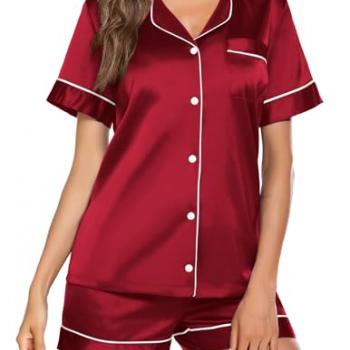 Ekouaer Satin Pajamas for Women Button Down Sleepwear Soft Silk Loungewear Short Sleeve Top and Shorts Pjs Wine,X-Large