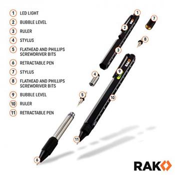 RAK Multi-Tool 2Pc Pen Set - LED Light, Touchscreen Stylus, Ruler, Level, Bottle Opener, Phillips Screwdriver, Flathead, and Ballpoint Pen