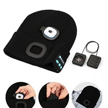 Bluetooth Beanie with Light, Unisex USB Rechargeable 4 LED Headlamp Hat with Wireless Headphones, Unique Christmas Birthday Gifts for Men Him Husband Teen (Black)