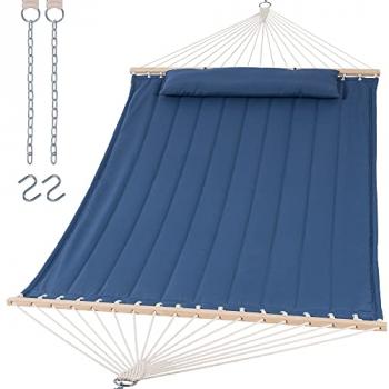 SUNCREAT Double Outdoor Hammock with Hardwood Spreader Bar, Extra Large Pillow, 475 lbs Capacity, Heavy Duty 2 Person Hammock, Blue