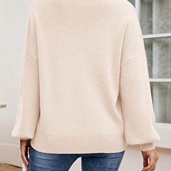 ZESICA Women's 2024 Casual Turtleneck Long Lantern Sleeve Oversized Ribbed Knit Pullover Sweater Jumper Top,Beige,Medium