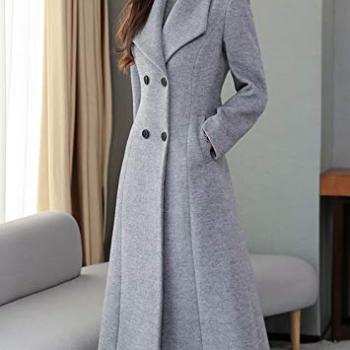 chouyatou Women's Chic Shawl Collar Work Double Breasted Maxi Long Wool Pea Coat (Large, Grey)