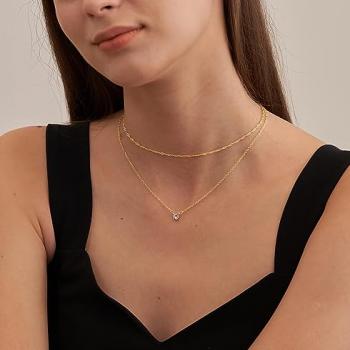 Tewiky Gold Necklace, Dainty Gold Layered Gold Plated Diamond Necklaces Simple CZ Solitaire Pendant Necklace Cute Gold Cubic Zirconia Chain Choker for Women Trendys Gold Jewelry Gift