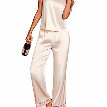 Ekouaer Women Silk Satin Pajamas Sleeveless Pjs Set 2 Piece Summer Loungewear Sleepwear with Pockets Champagne,M