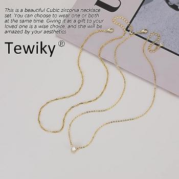 Tewiky Gold Necklace, Dainty Gold Layered Gold Plated Diamond Necklaces Simple CZ Solitaire Pendant Necklace Cute Gold Cubic Zirconia Chain Choker for Women Trendys Gold Jewelry Gift