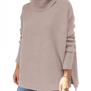 ANRABESS Women's Oversized Turtleneck Batwing Sleeve Spilt Casual Loose Knit Tunic Pullover Sweater Tops 2024 Fall Outfits Almond X-Small